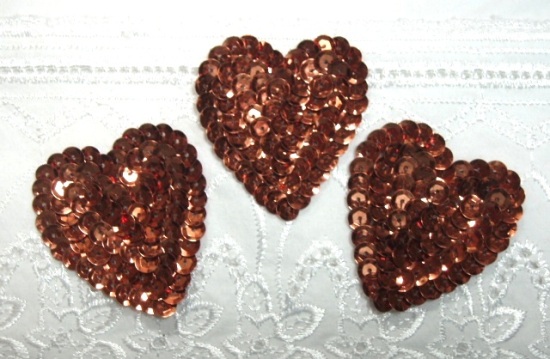 K8395A  Set of 3 Bronze Heart  Sequin Applique 2"