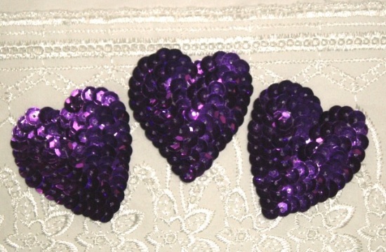 K8395A  Set of 3 Purple Heart  Sequin Applique 2"