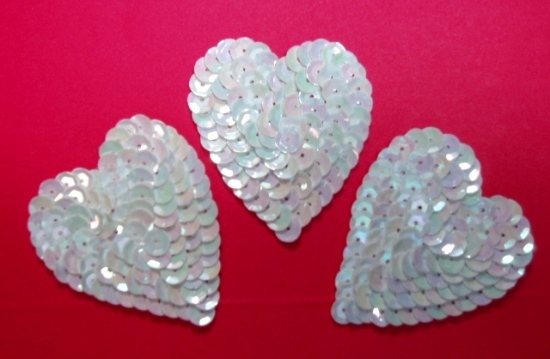 K8395A  Set of 3 White AB Heart  Sequin Applique 2"
