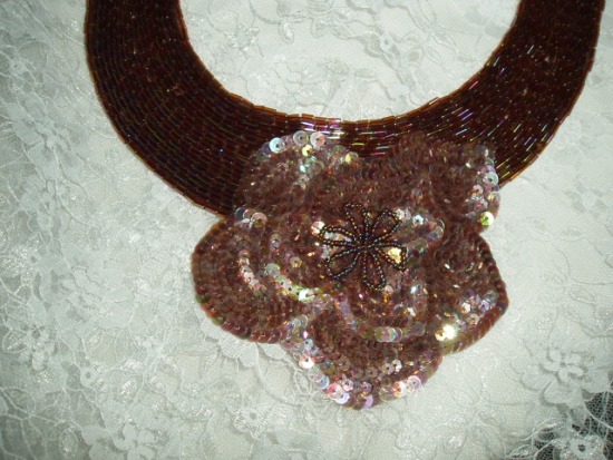 K8398  Bronze AB Floral Collar Sequin Beaded Applique  11"