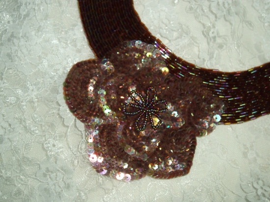 K8398  Bronze AB Floral Collar Sequin Beaded Applique  11"