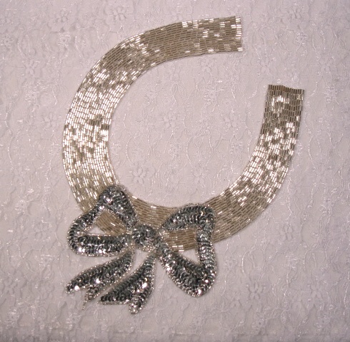 K8400  Silver Bow Collar Sequin Beaded Applique 11.25"
