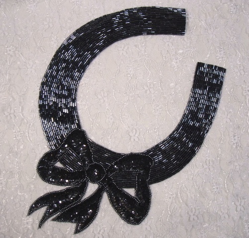 K8400  Gunmetal Bow Collar Sequin Beaded Applique 11.25"