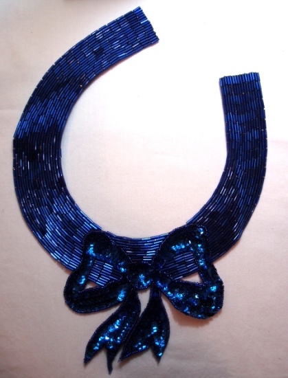 K8400  Blue Bow Collar Sequin Beaded Applique 11.25"