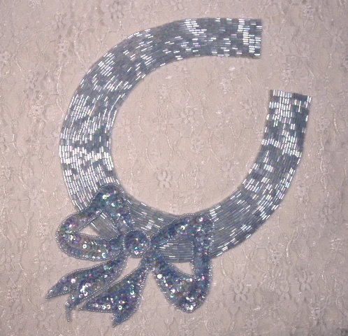 K8400   Lt. Blue AB Bow Collar Sequin Beaded Applique 11.25"
