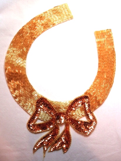 K8400  Gold Bow Collar Sequin Beaded Applique 11.25"