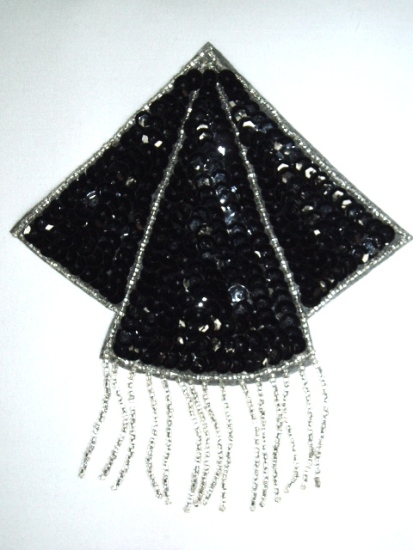 K8401  Black Silver Triangle Epaulet Sequin Beaded Applique  5.25"