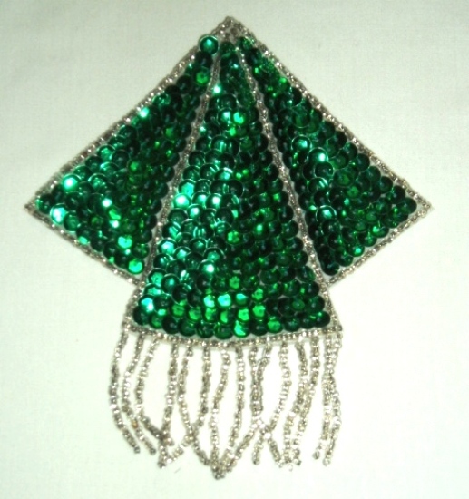 K8401  Green Silver Triangle Epaulet Sequin Beaded Applique  5.25"