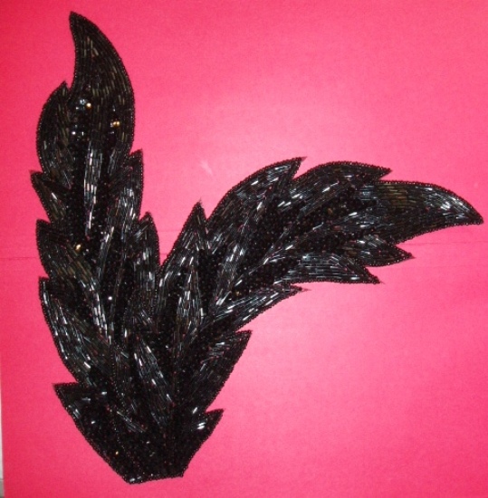 K8408  Black/gunmetal Leaf Designer Sequin Beaded Applique 11"