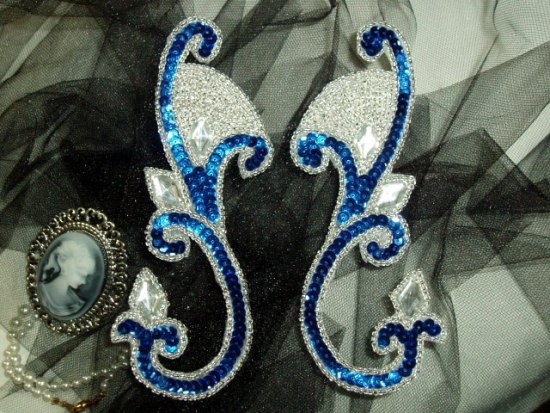 Blue Jeweled Mirror Pair  6" Sequin Beaded Appliques  0034