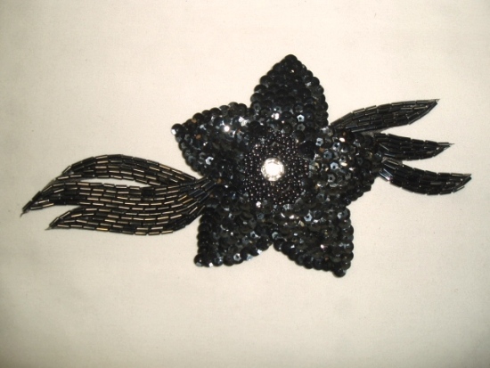 K8511  Gunmetal Jewel Floral Sequin Beaded Applique 7"