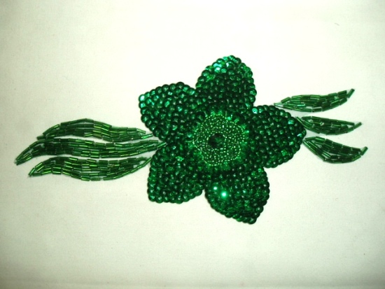 K8511  Green Floral Sequin Beaded Applique 7"