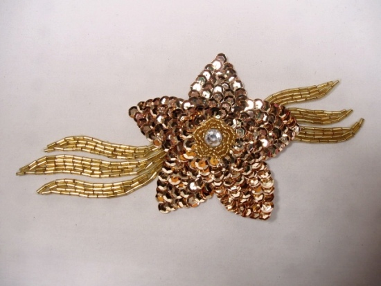 K8511  Gold Jewel Floral Sequin Beaded Applique 7"