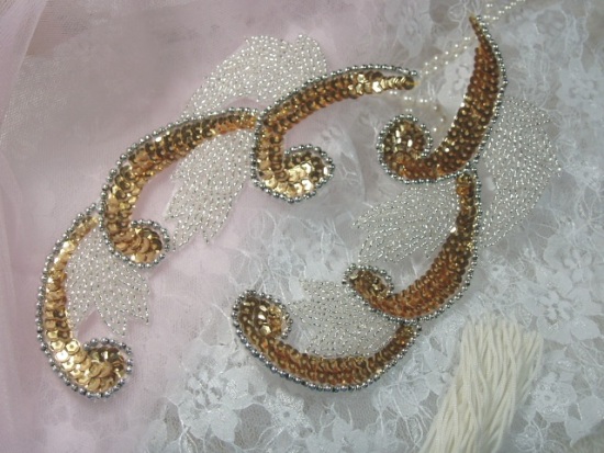 Gold Mirror Pair 7" Sequin Beaded Appliques  0070
