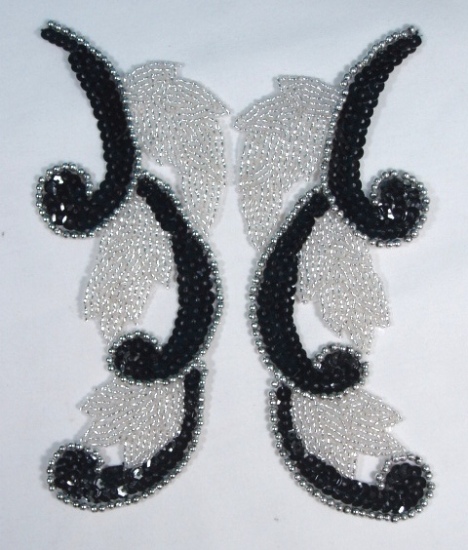 0070 Black Silver Mirror Pair Sequin Beaded Appliques 7"