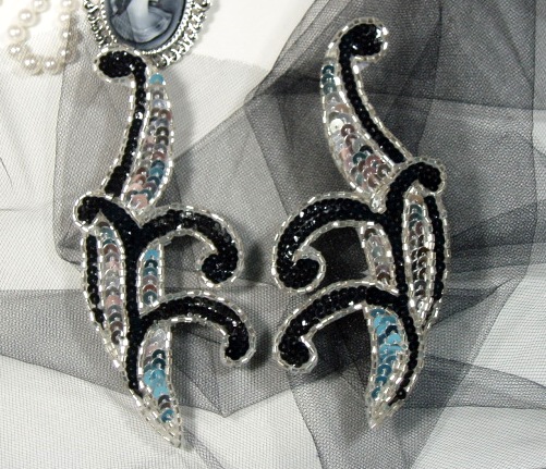 0097  Black & Silver Mirror Pair Sequin Beaded Appliques 5.5"