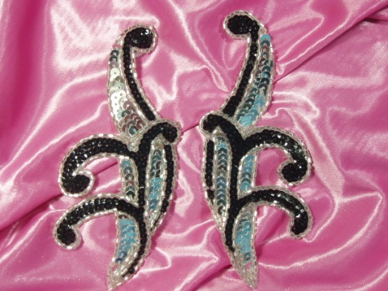 0097  Black & Silver Mirror Pair Sequin Beaded Appliques 5.5"