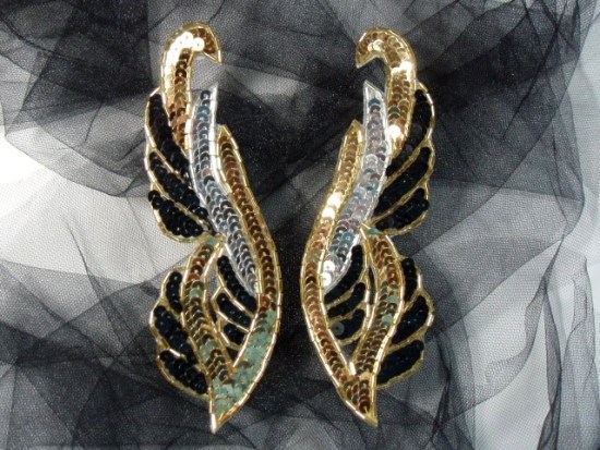 0033 Black & Gold Mirror Pair 6" Sequin Beaded Appliques