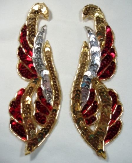 0033 Red & Gold Mirror Pair 6"  Sequin Beaded Applique