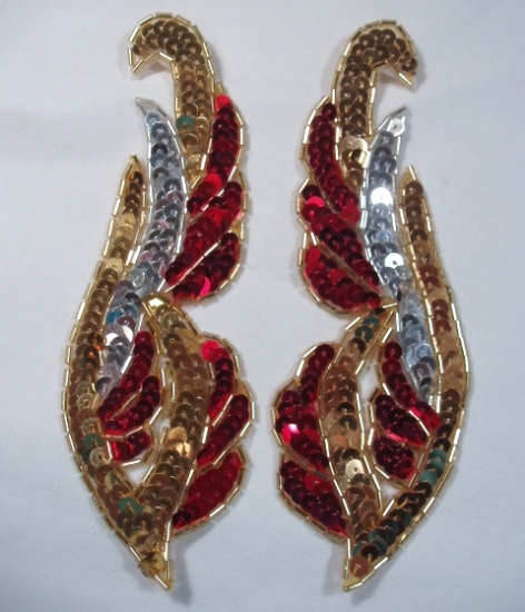 0033 Red & Gold Mirror Pair 6"  Sequin Beaded Applique