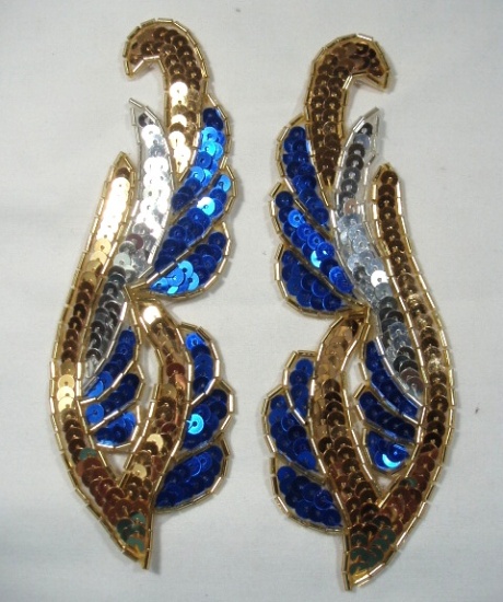 0033 Blue & Gold Mirror Pair 6" Sequin Beaded Appliques