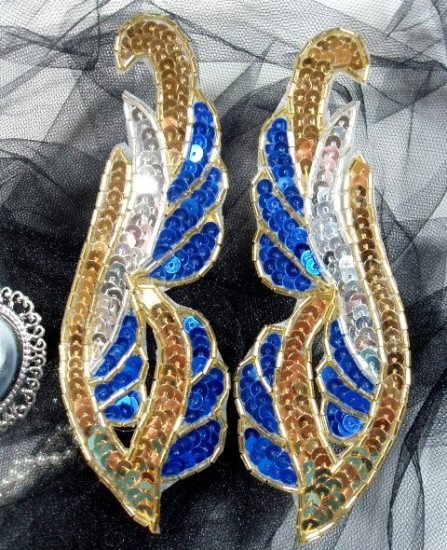 0033 Blue & Gold Mirror Pair 6" Sequin Beaded Appliques