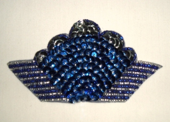 K8618A  Blue & Silver Fan Epaulet Sequin Beaded Applique 4.5"