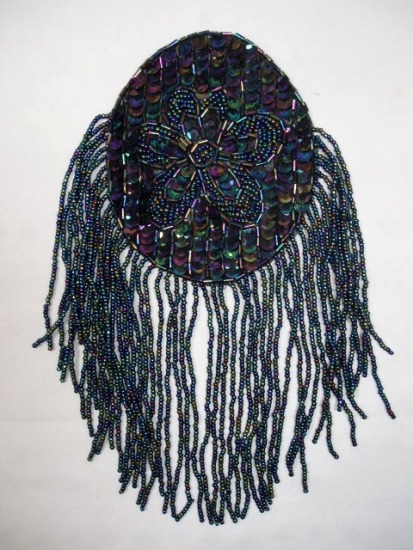 K8619  Black AB Oval Dangle Epaulet Sequin Beaded Applique 9.25"