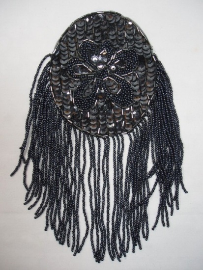 K8619  Gunmetal Dangle Epaulet Sequin Beaded Applique 9.25"
