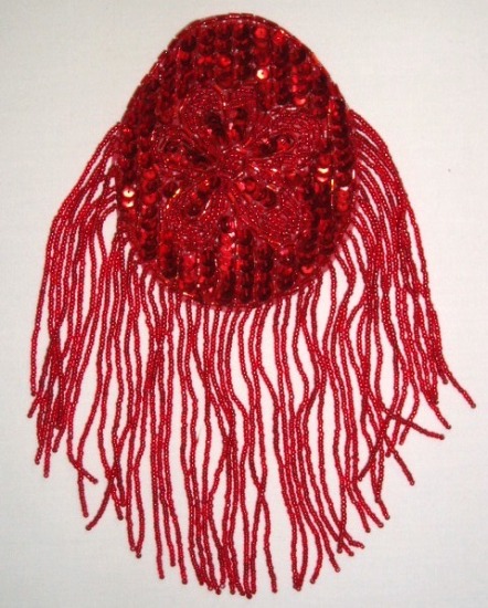 K8619  Red Oval Dangle Epaulet Sequin Beaded Applique 9.25"