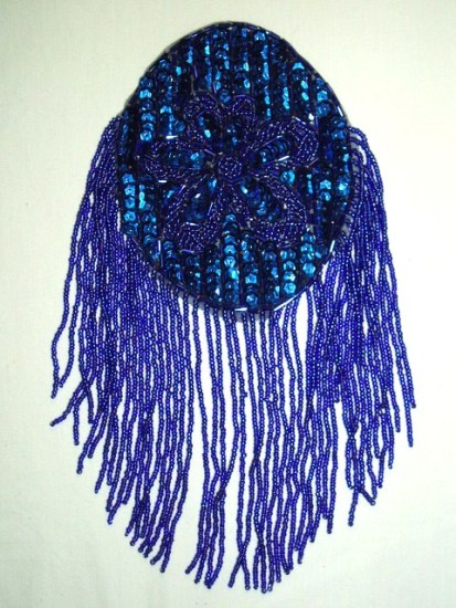 K8619  Blue Oval Dangle Epaulet Sequin Beaded Applique 9.25"