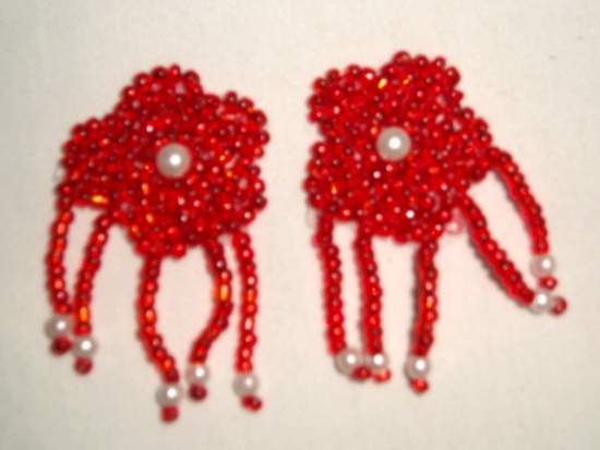 K8620  Red Floral Pearl Dangle Pair Beaded Appliques 1.5"