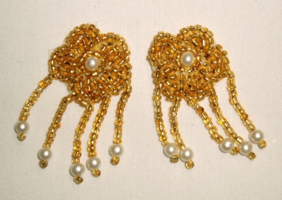 K8620  Gold Floral Pearl Dangle Pair Beaded Appliques 1.5"