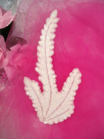 K8621 White AB Seaweed  Sequin Beaded Applique 8.5"