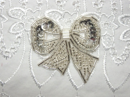 T8623  Silver Bow Sequin Beaded Applique 2"