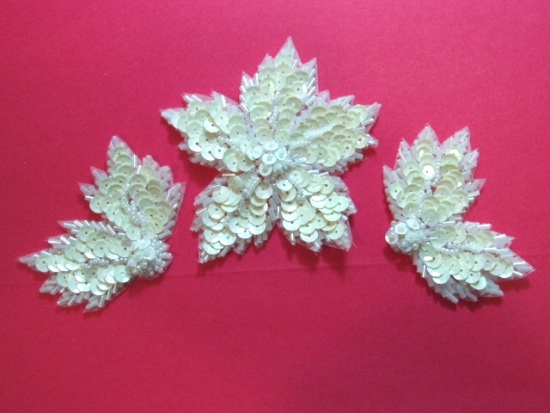 K8624  White AB 3 Piece Set Floral  Sequin Beaded Applique 3.5"