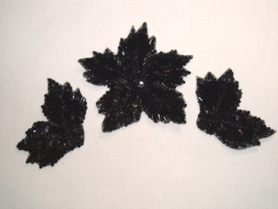 K8624  Black 3 Piece Set Floral  Sequin Beaded Appliques 3.5"