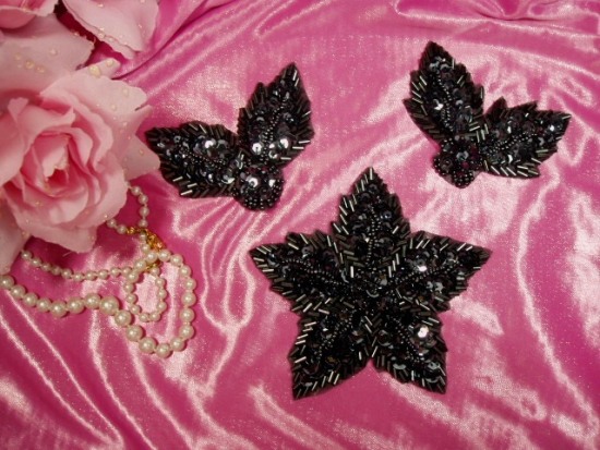 K8624  Gunmetal 3 Piece Set Floral  Sequin Beaded Appliques 3.5"