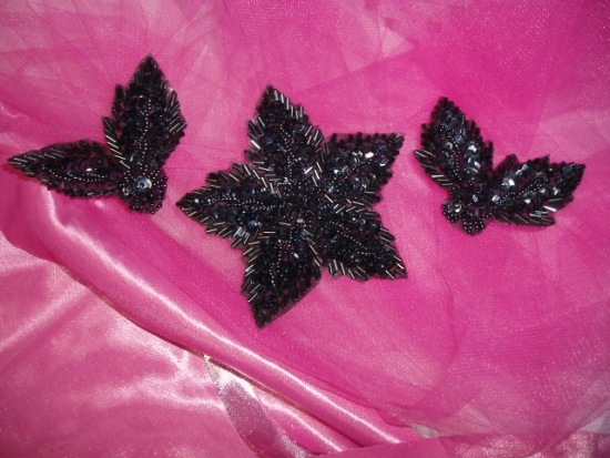 K8624  Gunmetal 3 Piece Set Floral  Sequin Beaded Appliques 3.5"