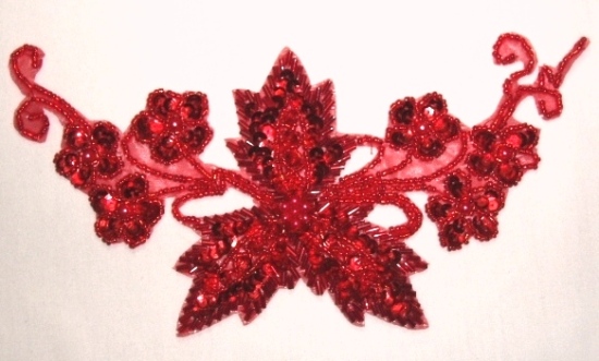 Red Floral Vine 8" Sequin Beaded Applique K8628