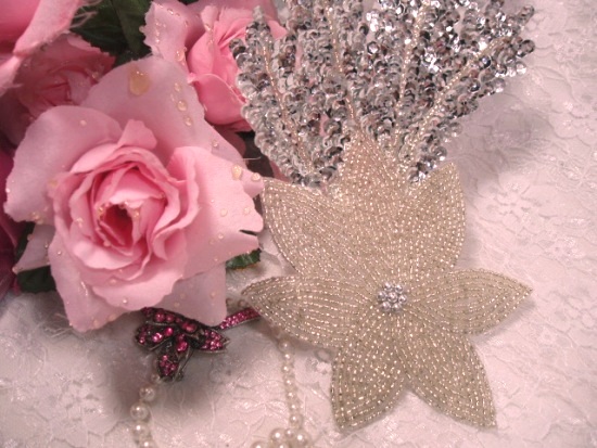 K8631  Silver Floral Starfish Seaweed Sequin Beaded Applique 11.5"