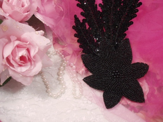 K8631  Black Floral Starfish Seaweed Sequin Beaded Applique 11.5"