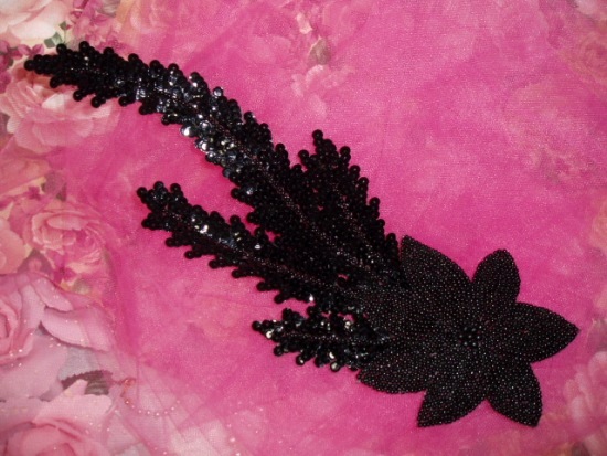 K8631  Black Floral Starfish Seaweed Sequin Beaded Applique 11.5"