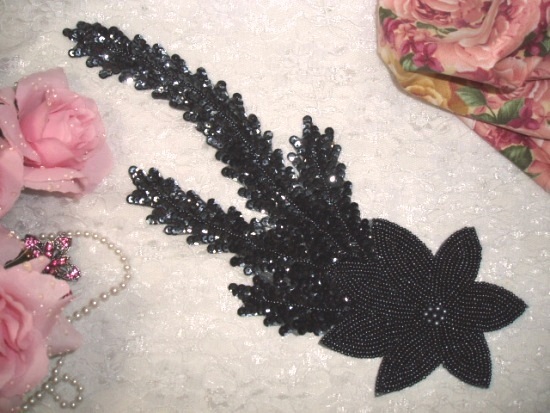 K8631  Gunmetal Floral Starfish Seaweed Sequin Beaded Applique 11.5"