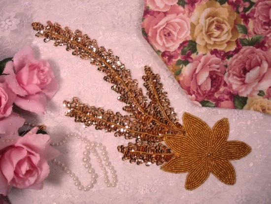 K8631  Gold Floral Starfish Seaweed Sequin Beaded Applique 11.5"