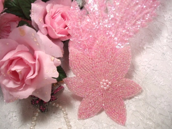 K8631  Pink Crystal AB Floral Starfish Seaweed Sequin Beaded Applique 11.5"