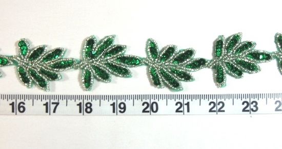 T8633 Green Silver Leaf  Vine Sequin Beaded Trim