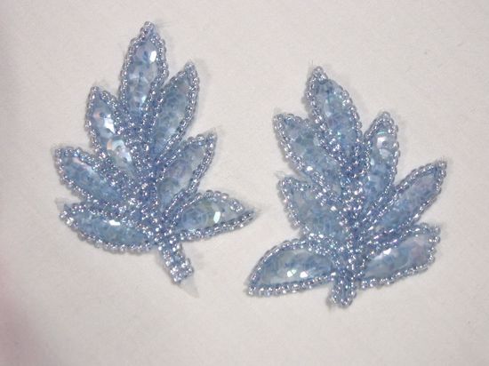T8633 Blue Crystal Leaf Mirror Pair Sequin Beaded Appliques 2"