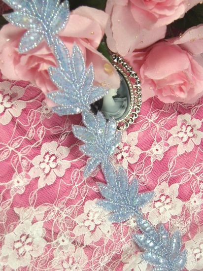 T8633 Blue Crystal Leaf  Vine Sequin Beaded Trim