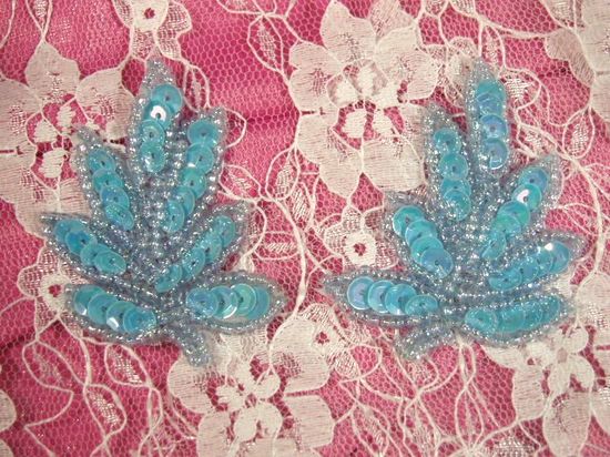 T8633 Aqua Blue Leaf Mirror Pair Sequin Beaded Appliques 2"